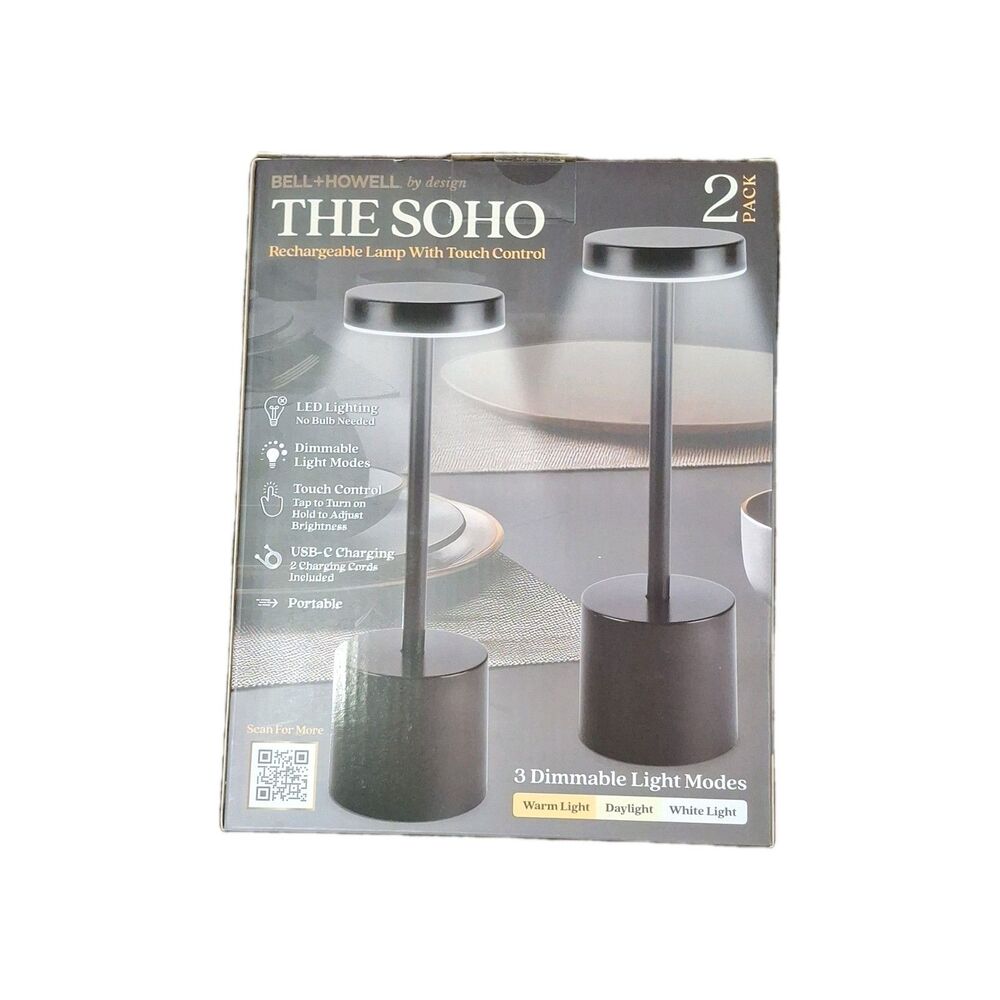 Bell + Howell THE SOHO LED Rechargeable Touch Desk Lamp 2 Pack, Black, 3 Modes